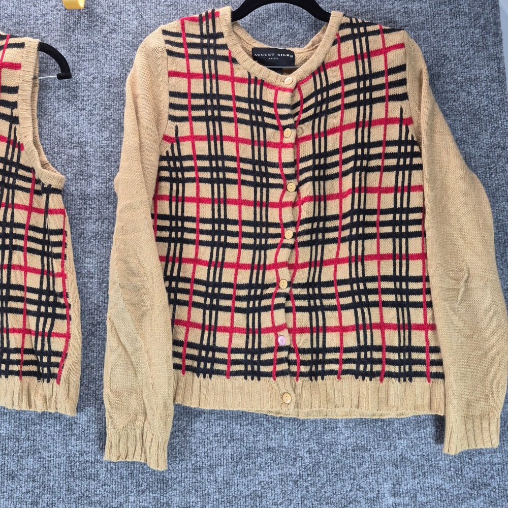 August Silk Cardigan Vest Set Plaid Silk Angora Medium Tan Womens - Picture 12 of 13